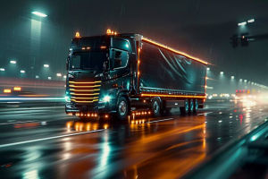semi truck driving on highway at night