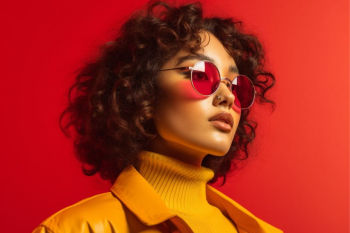 Model with curly hair wearing sunglasses