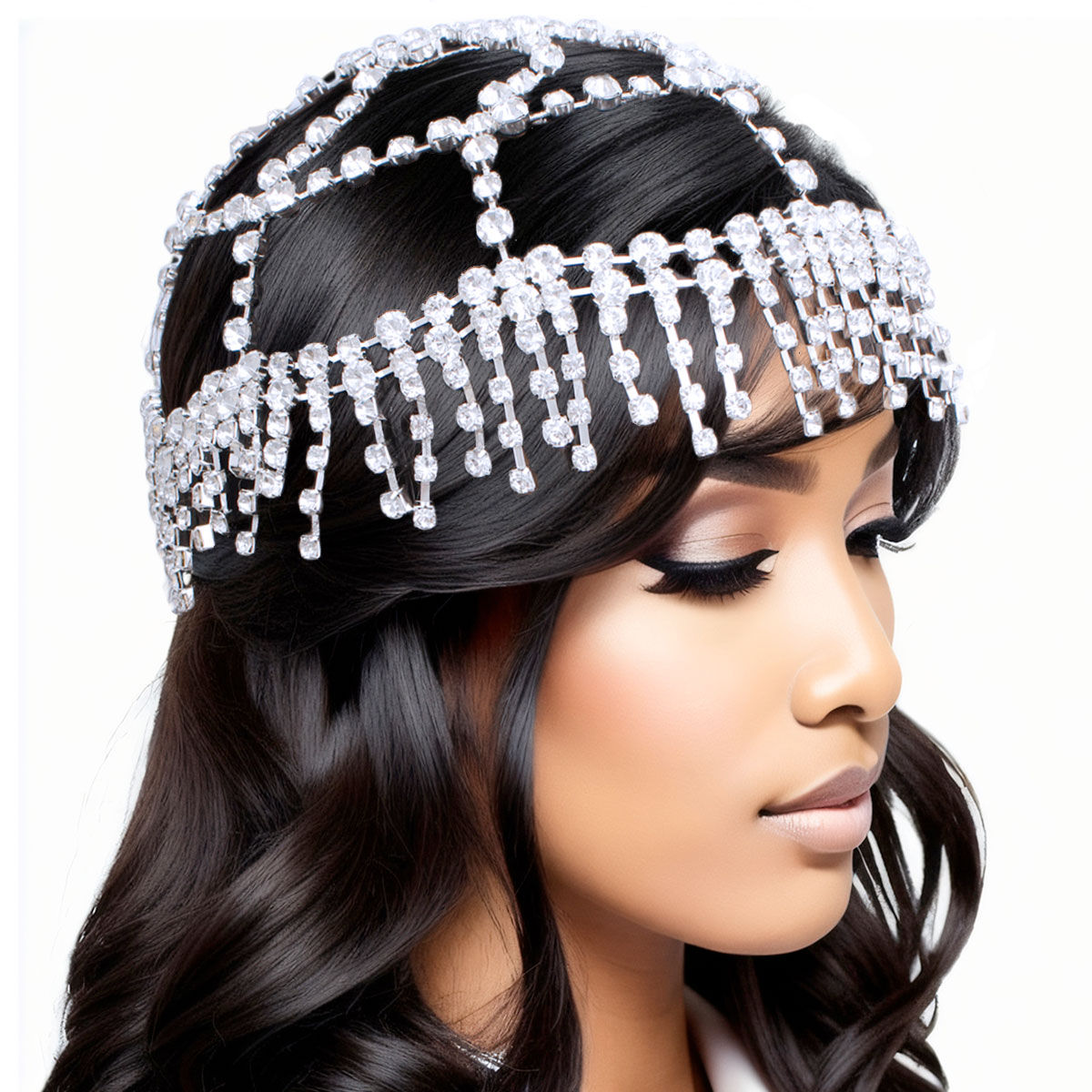 Tassel silver rhinestone high quality headband wedding head piece crystal exaggerated diamond rhinestone hair band with fringe club party pageant