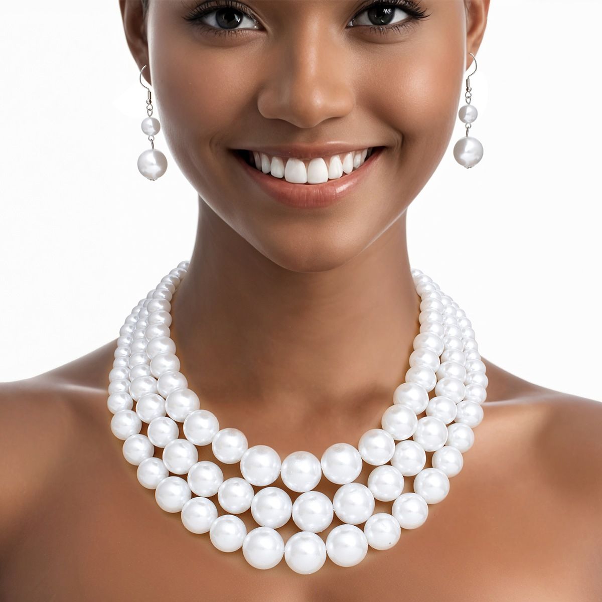 ●RSSC● PEARL BEADS CHAIN MIX NECKLACE - WHITE / unisex pearl-necklace-white-3-strand-