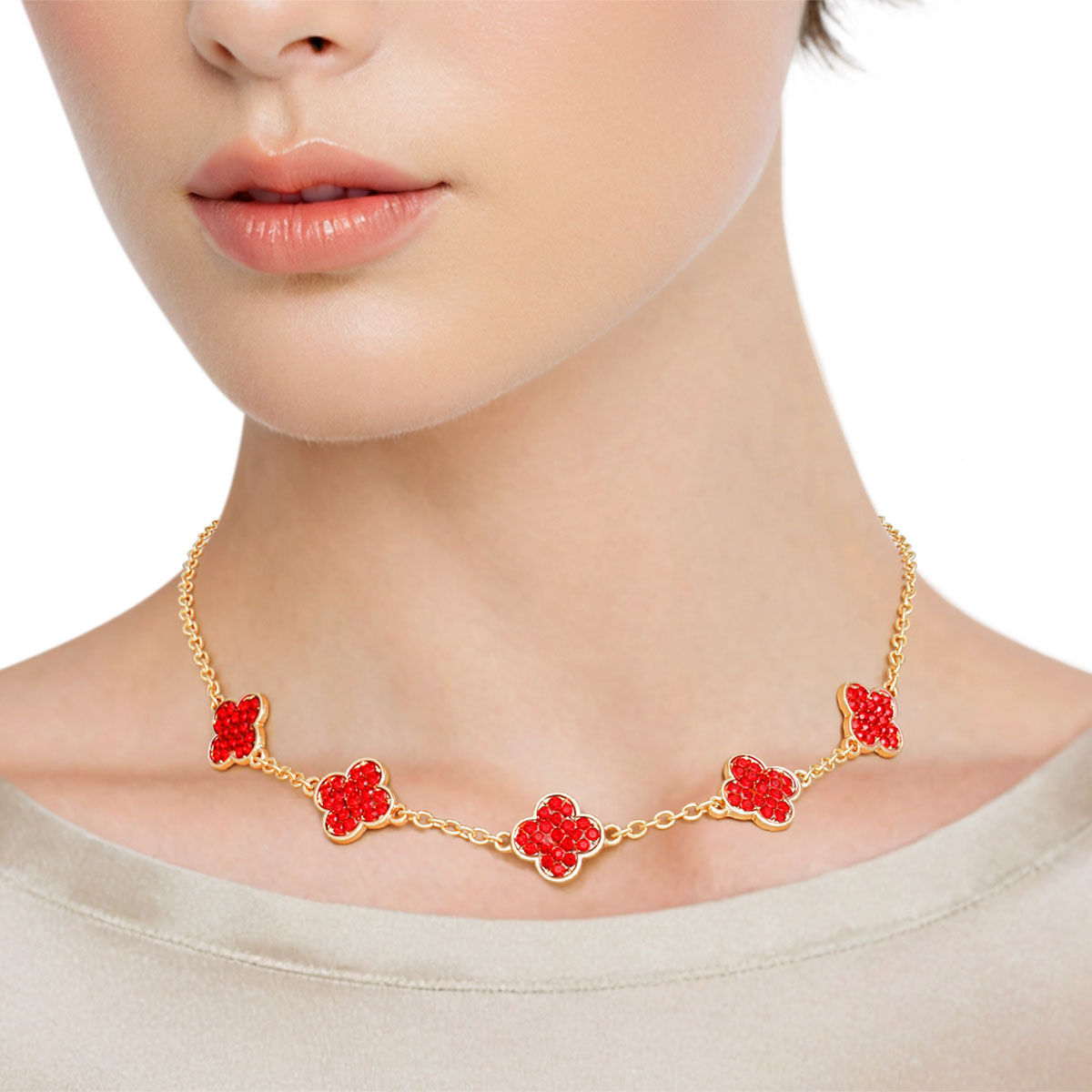Wholesale Necklace Gold Red Rhinestone Quatrefoil Clovers