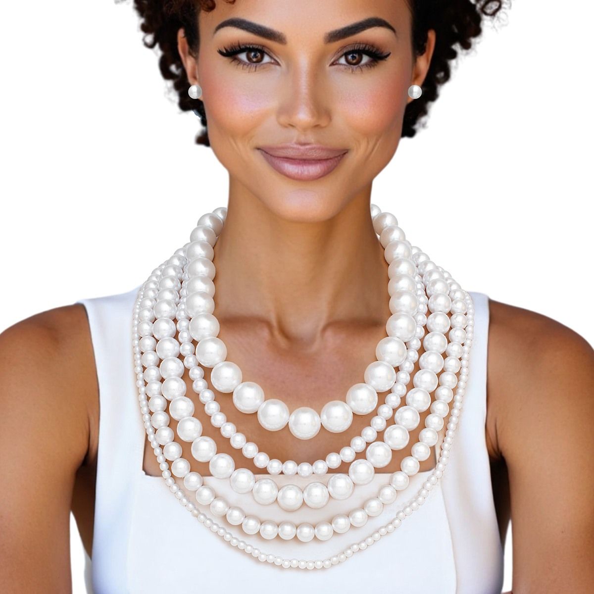 Wholesale Pearl White 5 Strand Chunky Layered Necklace