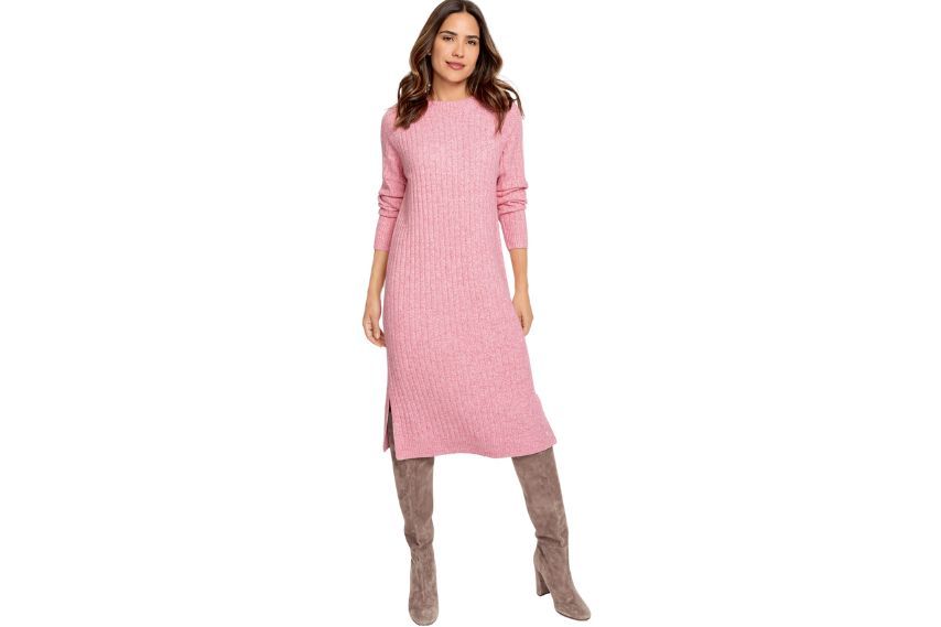 Woman wearing pink sweater shift dress outfit