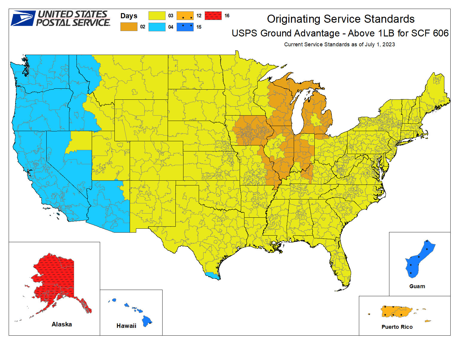 USPS Ground Adnvatage Transit Time Map for Over 1LB