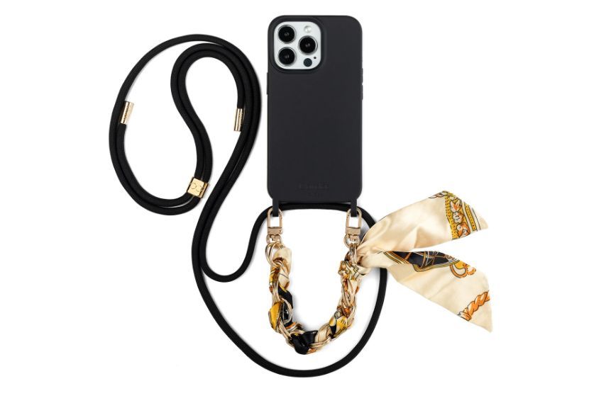 Black scarf phone chain and phone on white background