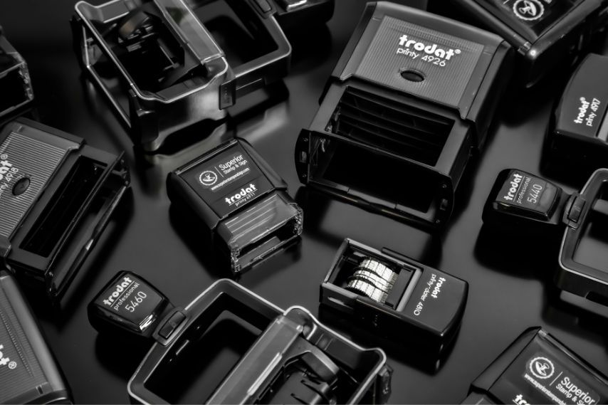 Collection of black self-inking stamps