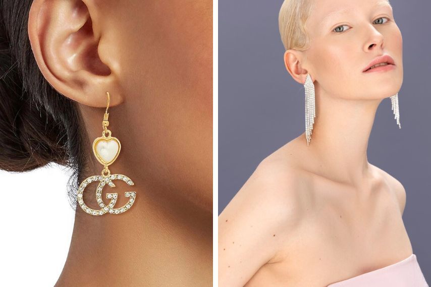 earring style aesthetic designer dupe and rhinestone fringe earrings