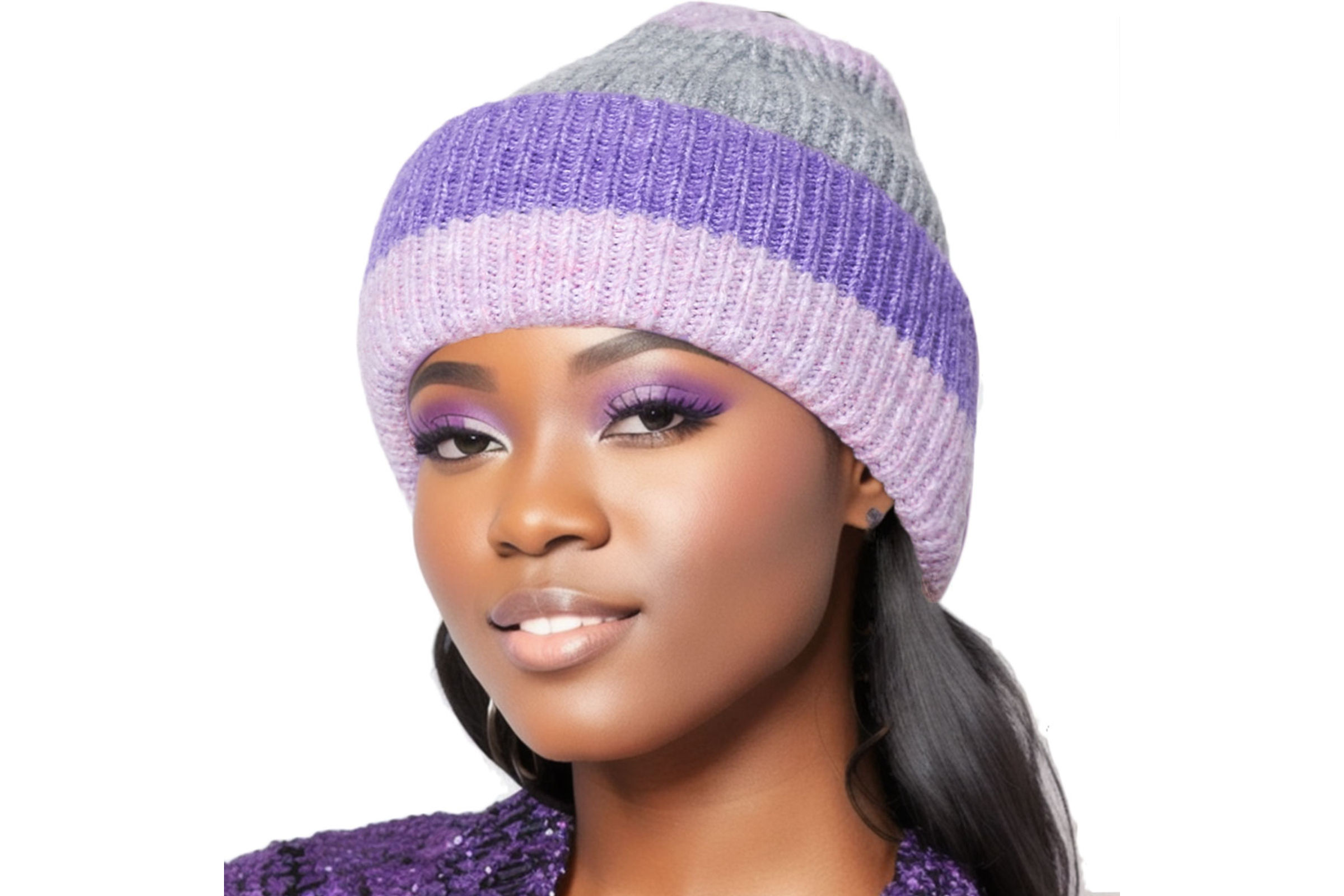 Wholesale Beanie Purple Pink Striped Hat for Women