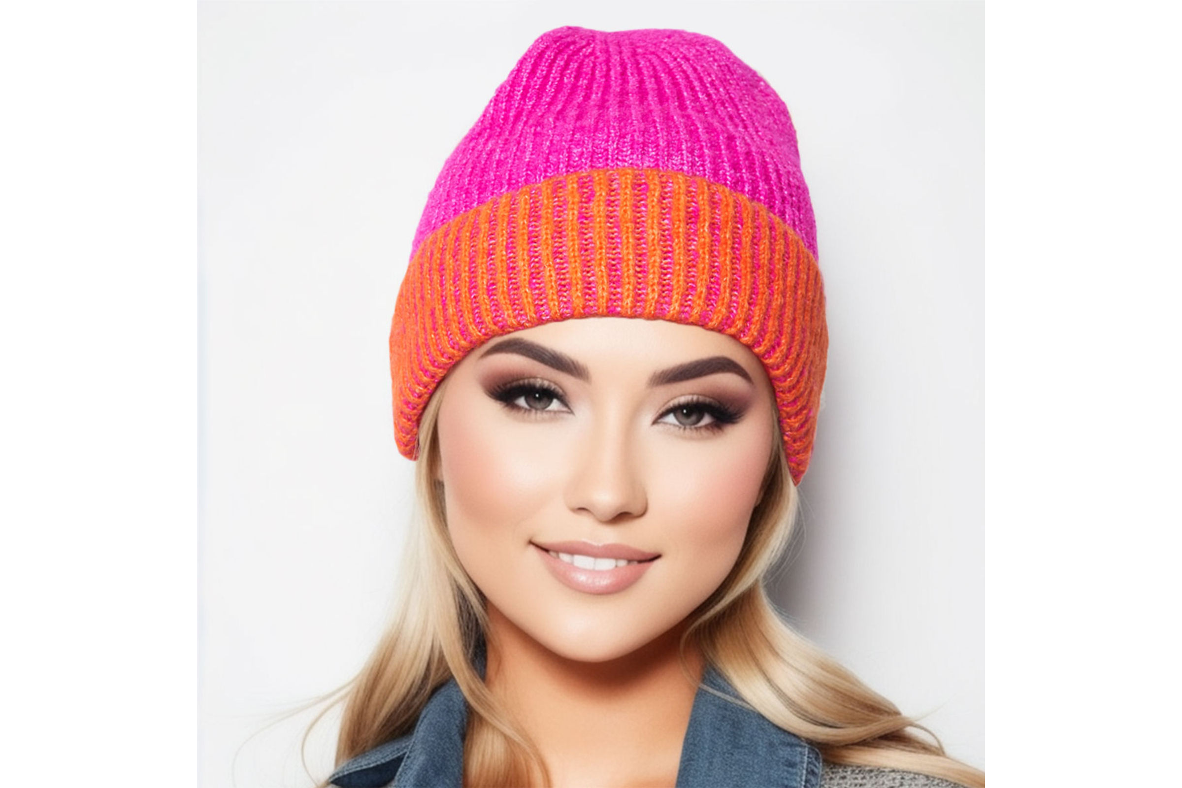 Beanie Fuchsia Two Tone Cuffed Hat for Women