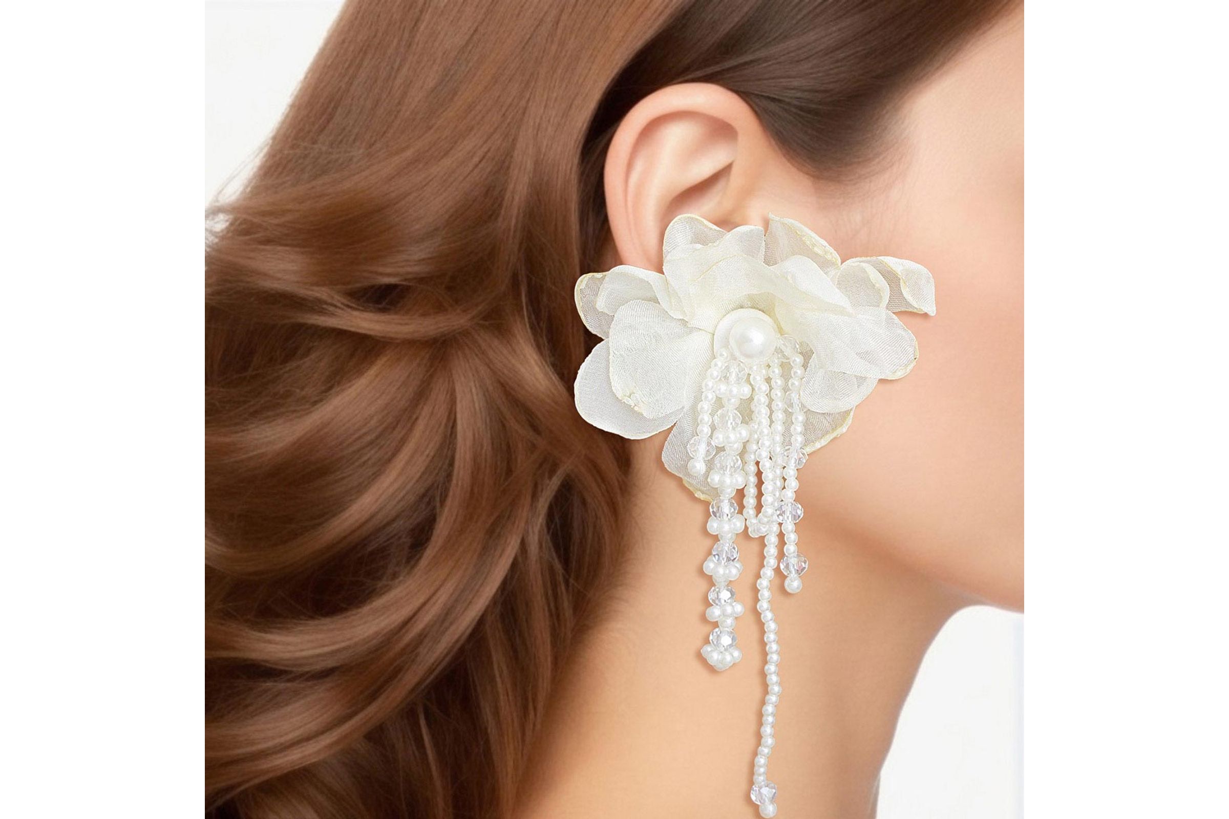 Wholesale Drop Cream Fabric Flower Pearl Earrings for Women