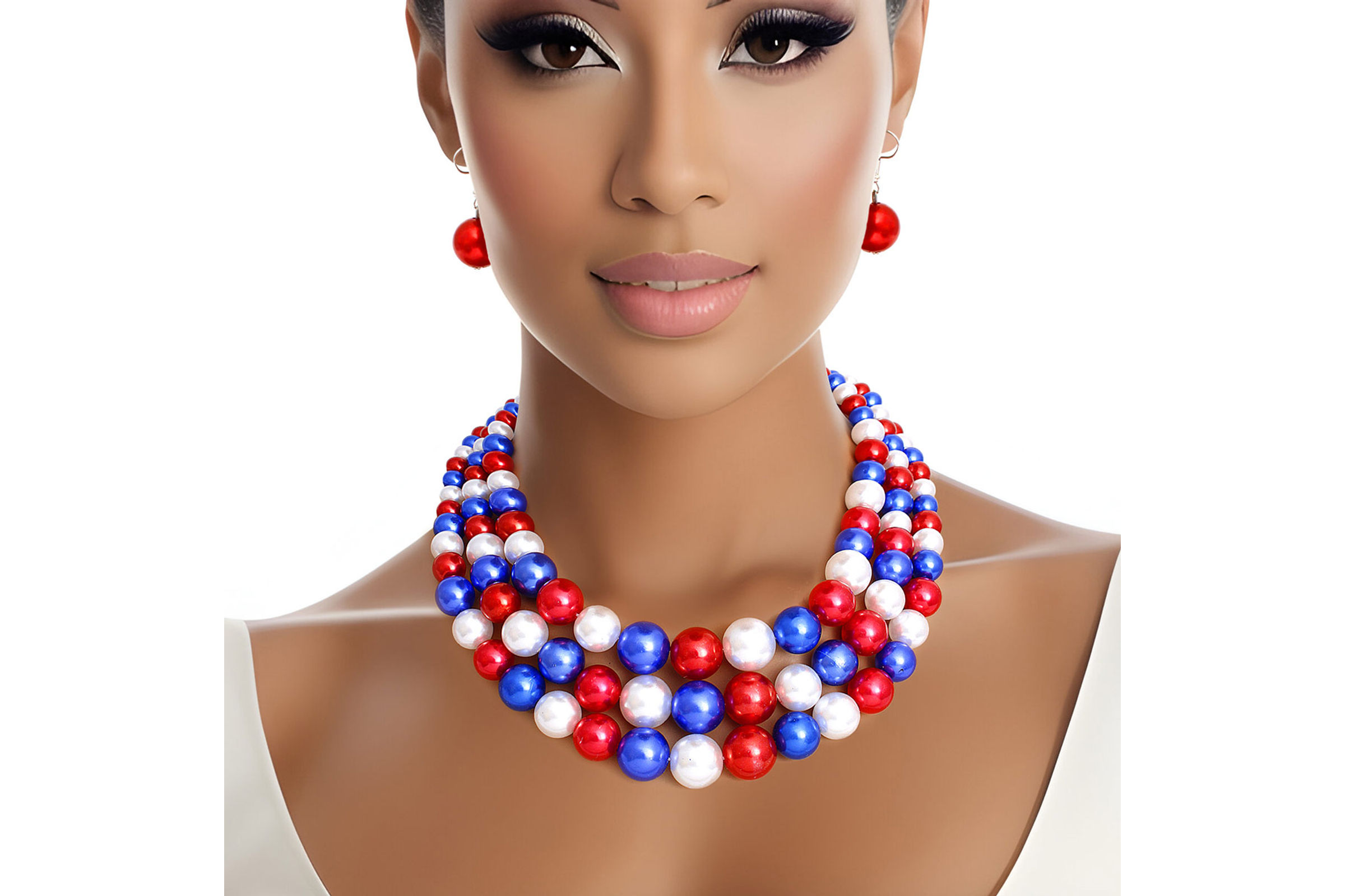 Wholesale Pearl Necklace Red White Blue 3 Strand for Women