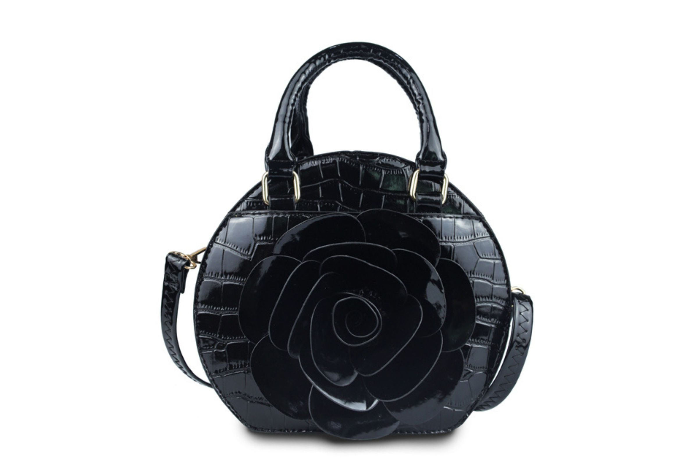 Wholesale Handbag Round Black Flower Croc Bag for Women
