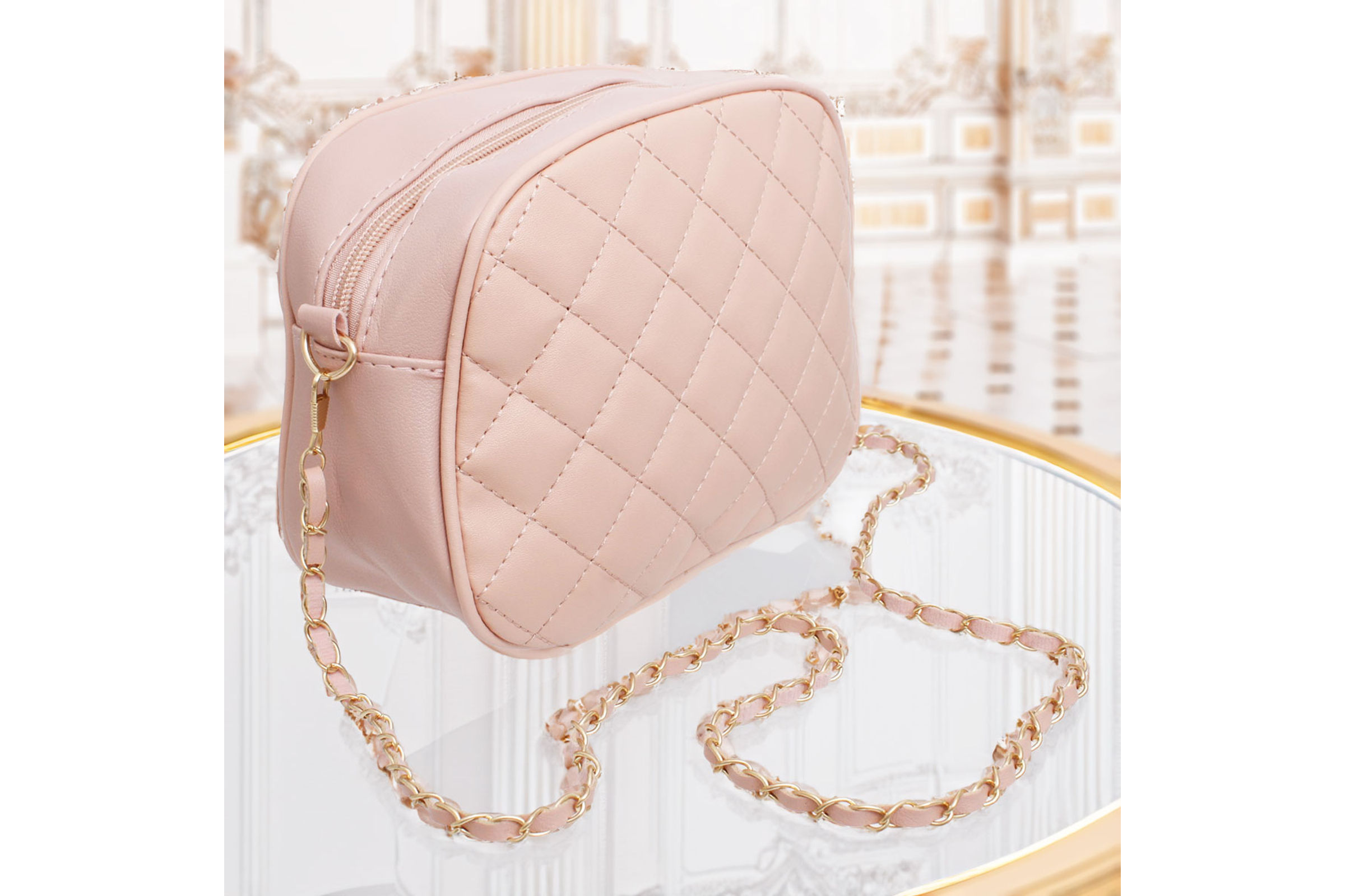 Crossbody Small Pink Quilted Chain Strap Bag Women