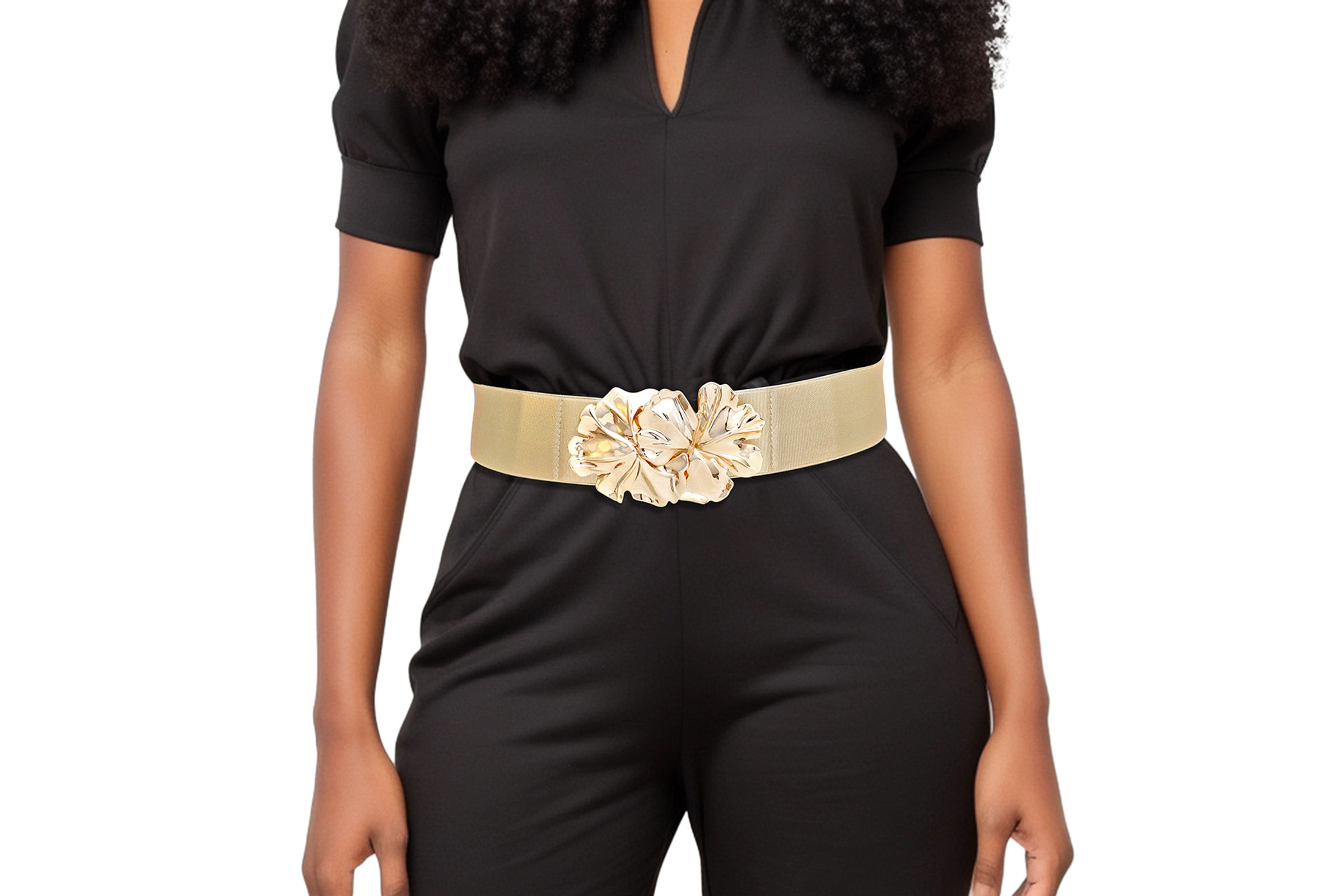 Wholesale Belt Gold Wide Flower Buckle Stretch Belt Women