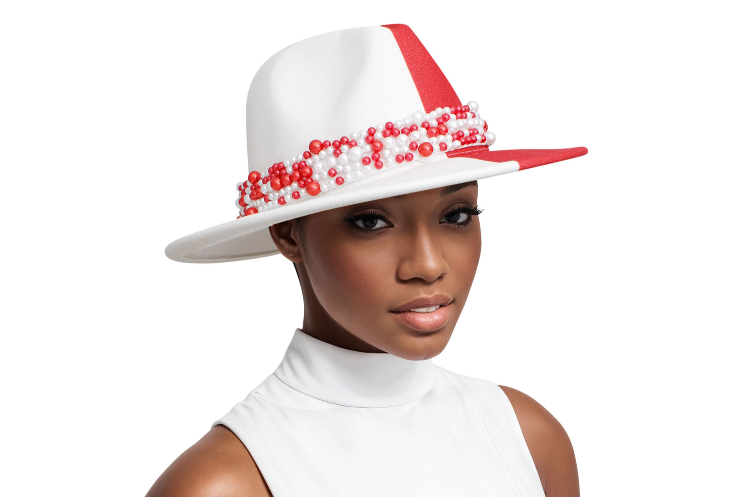 Wholesale DST Sorority Red White Fedora Pearl Hat for Women