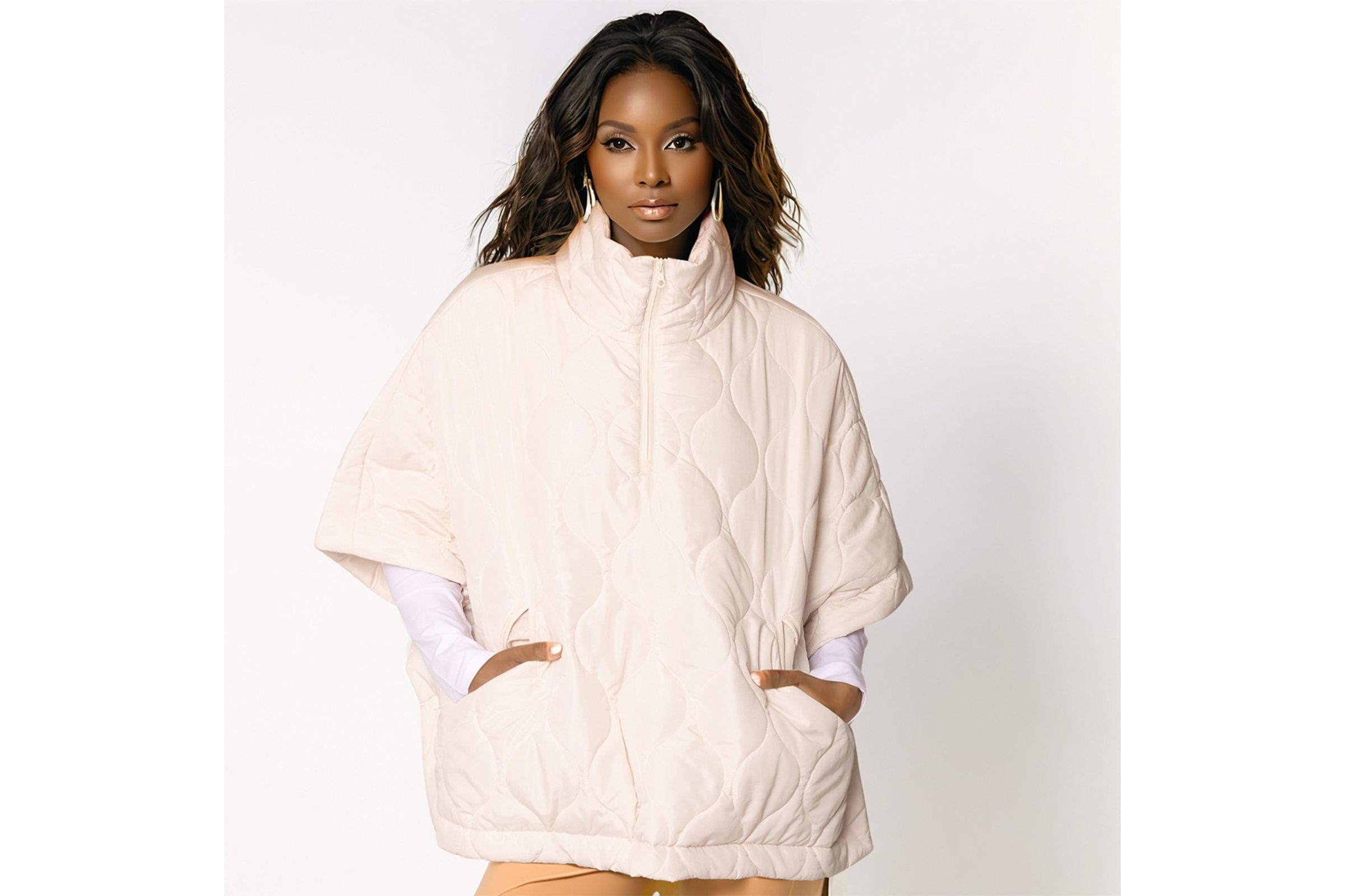 Ivory Quilted Puffer Half Zip Poncho for Women
