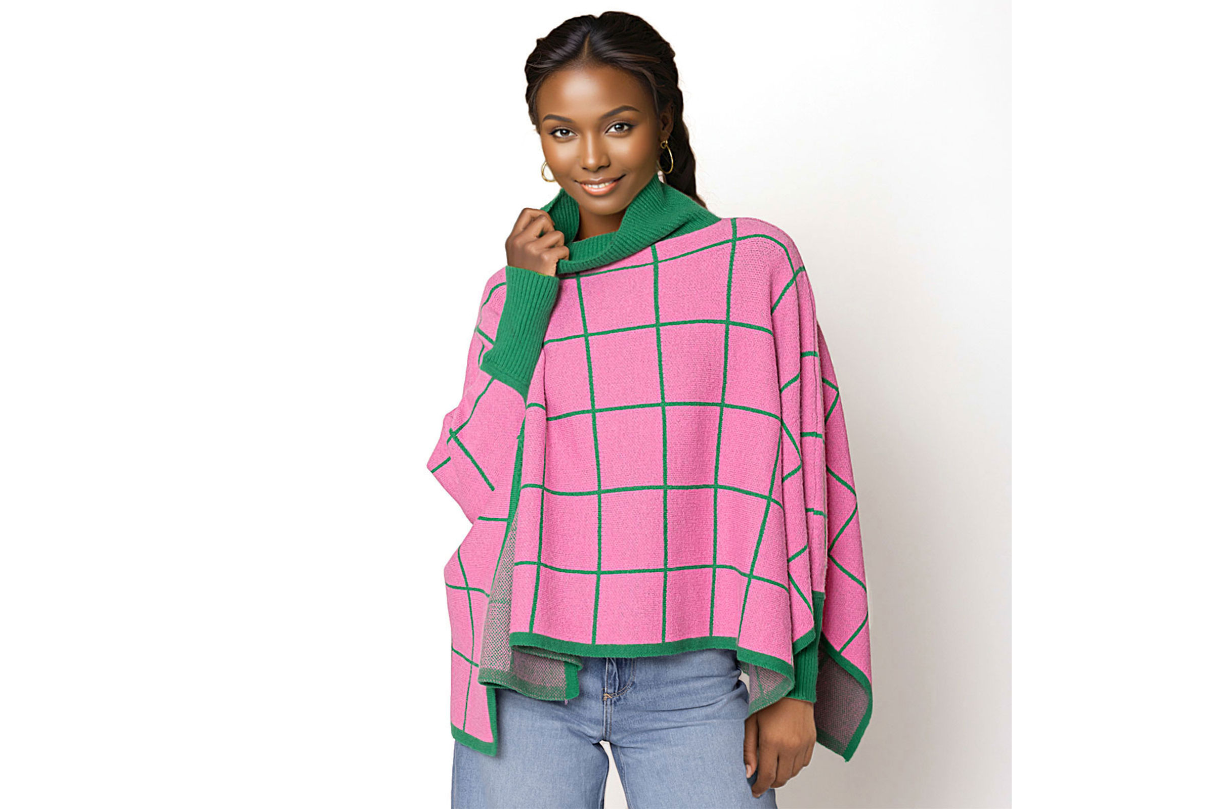 Wholesale AKA Sorority Plaid Knit Pink Green Poncho