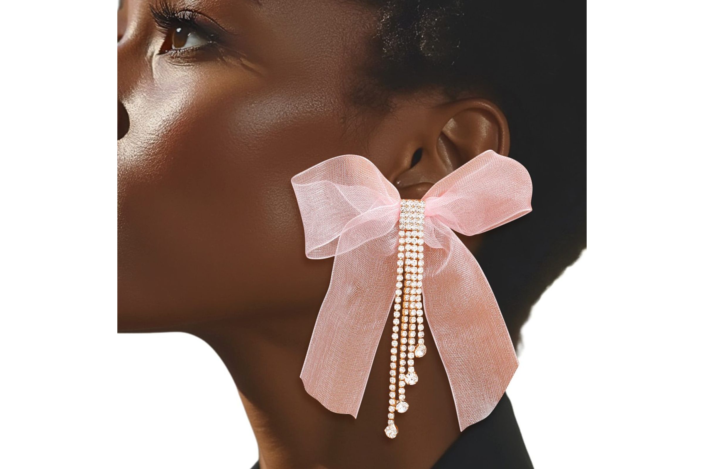 Tassel Pink Ribbon Bow Sparkling Fringe Earrings