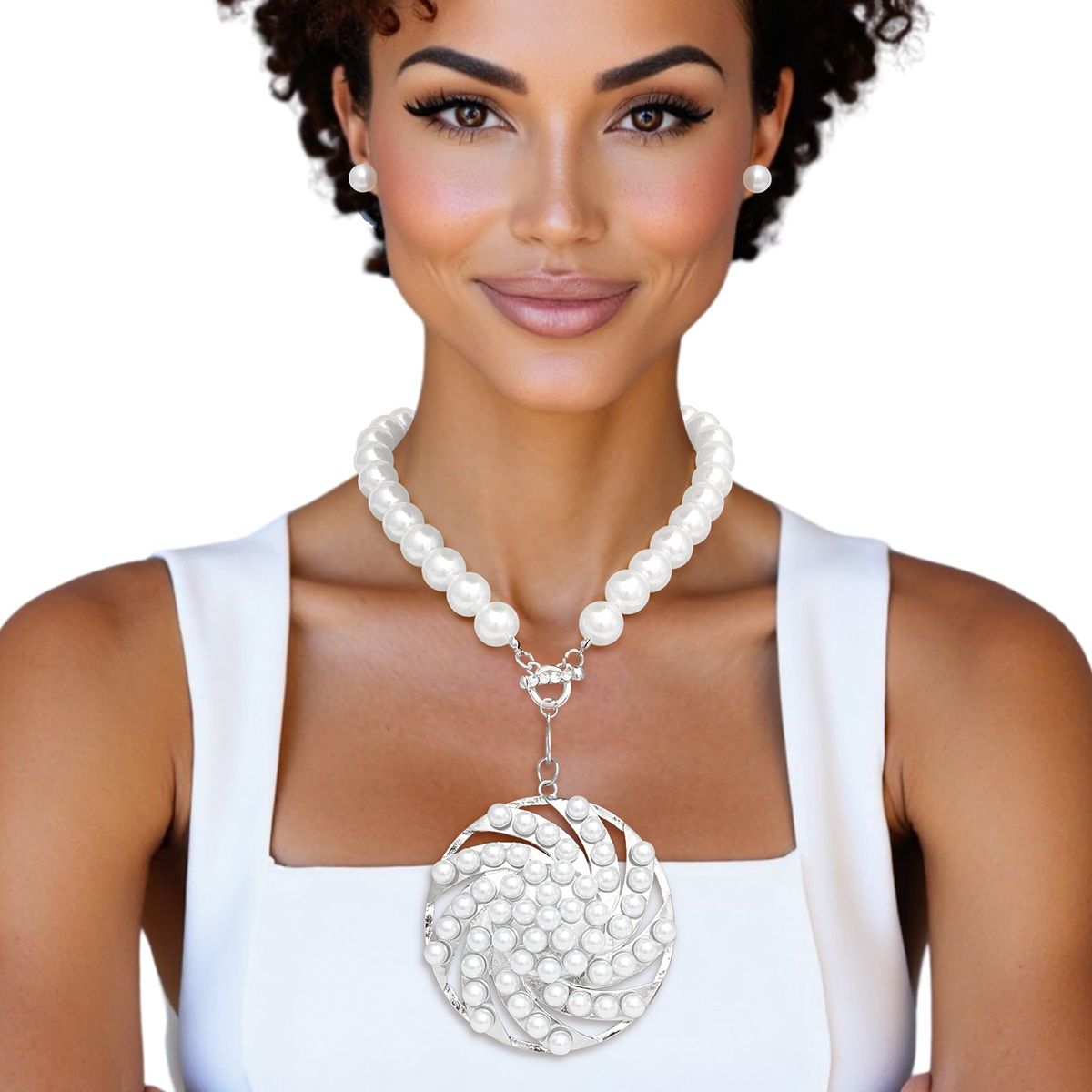 Wholesale Toggle Silver Swirled Circle Chunky Pearl Necklace