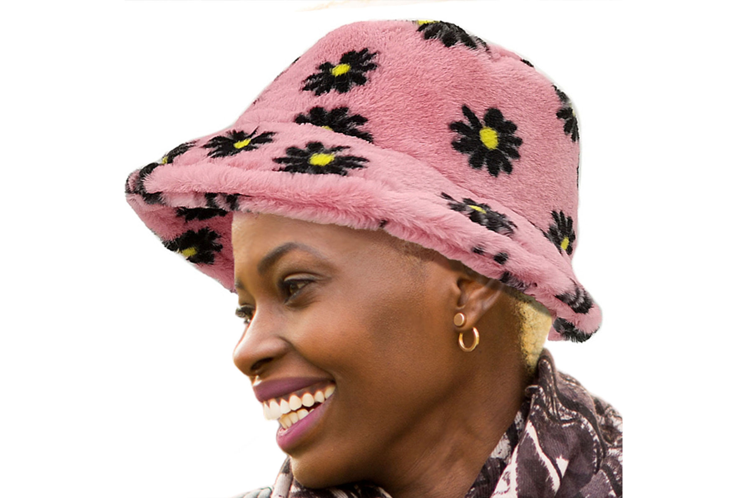 Pink Floral Faux Fur Bucket Hat- Order Wholesale