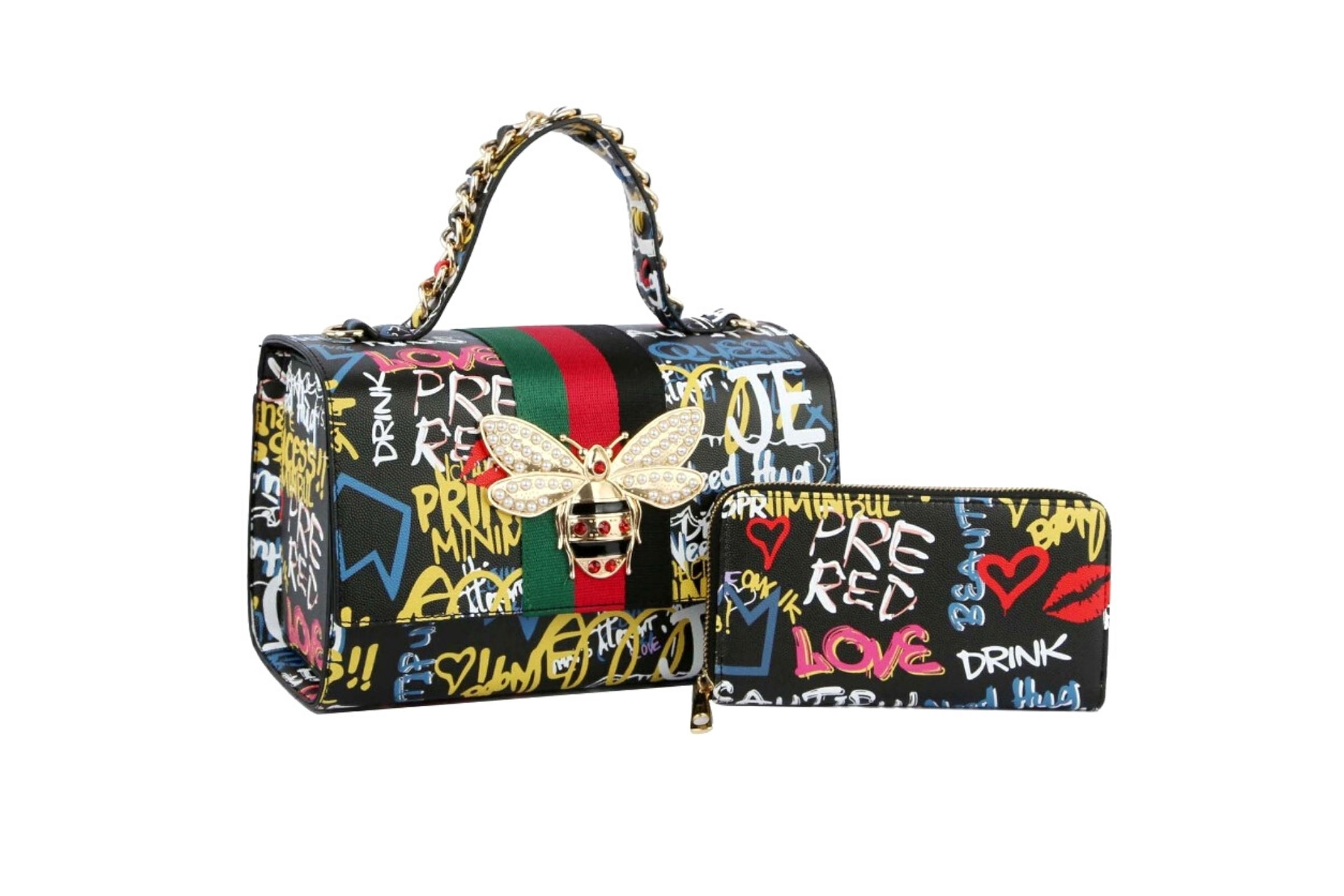 Designer Black Graffiti Satchel Bag Set Order Wholesale