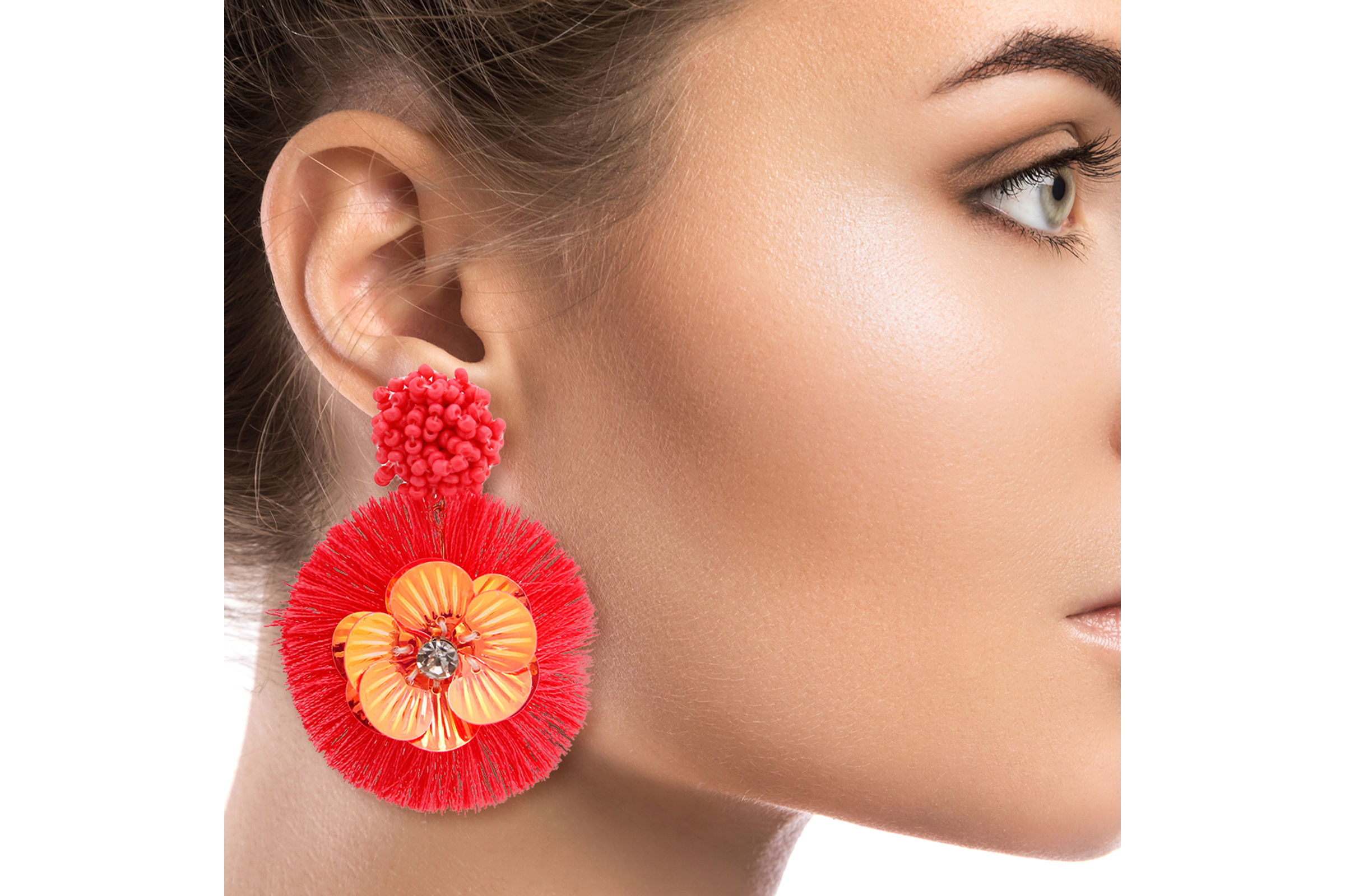 Coral Sequin Flower Tassel Earrings Order Wholesale