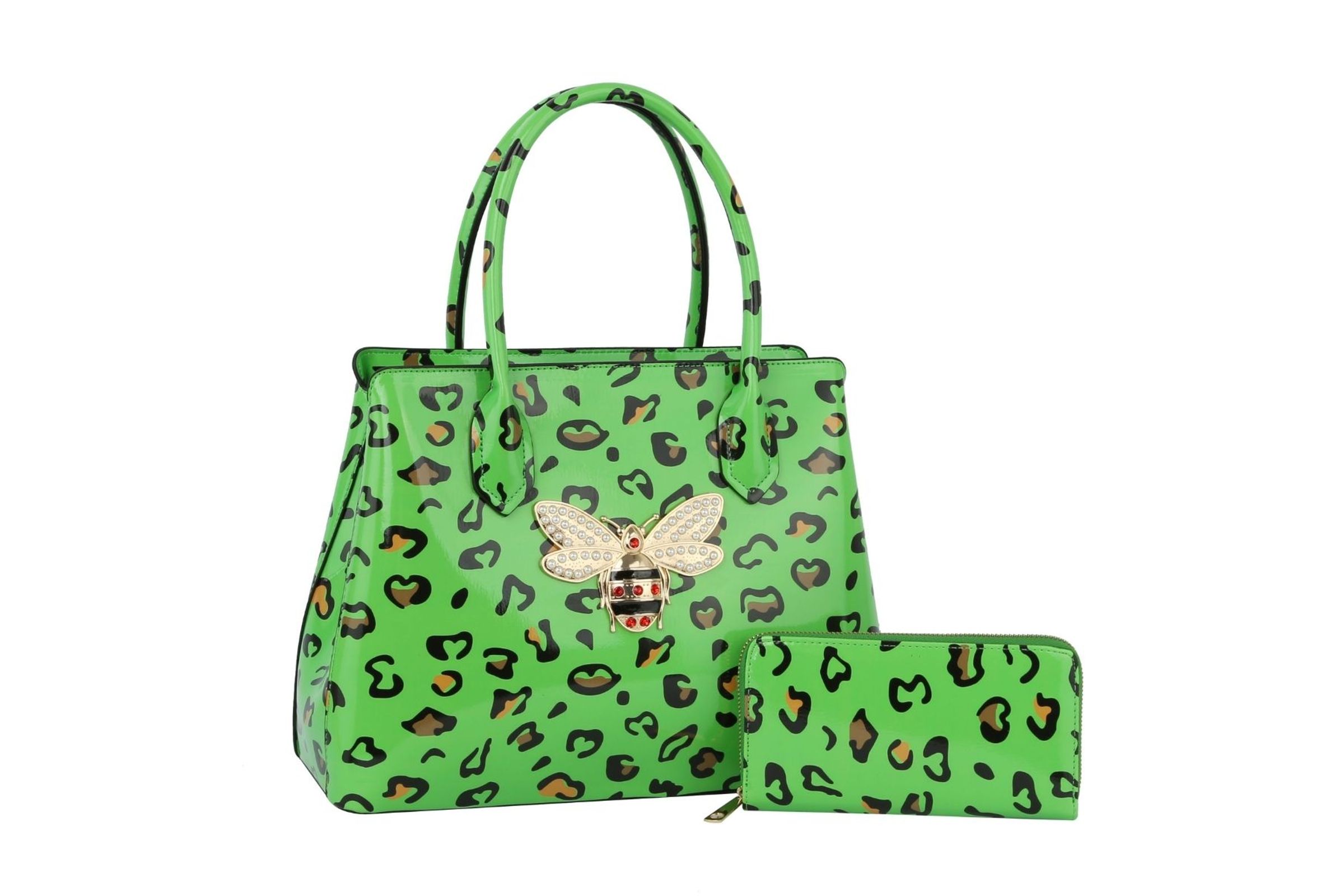 Neon Green Leopard Patent Handbag Set