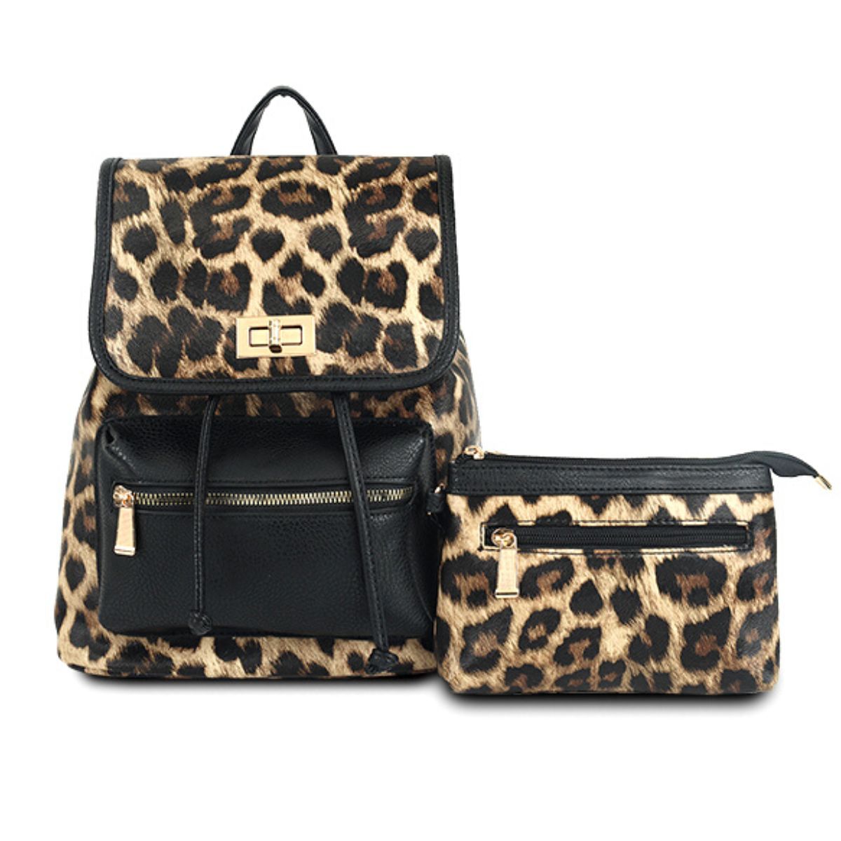 Black Leopard Flap Backpack Set- Order Wholesale