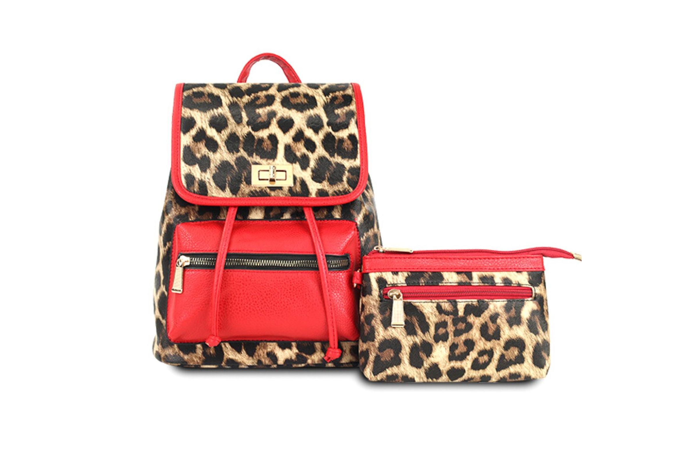 Red Leopard Flap Backpack Set Order Wholesale