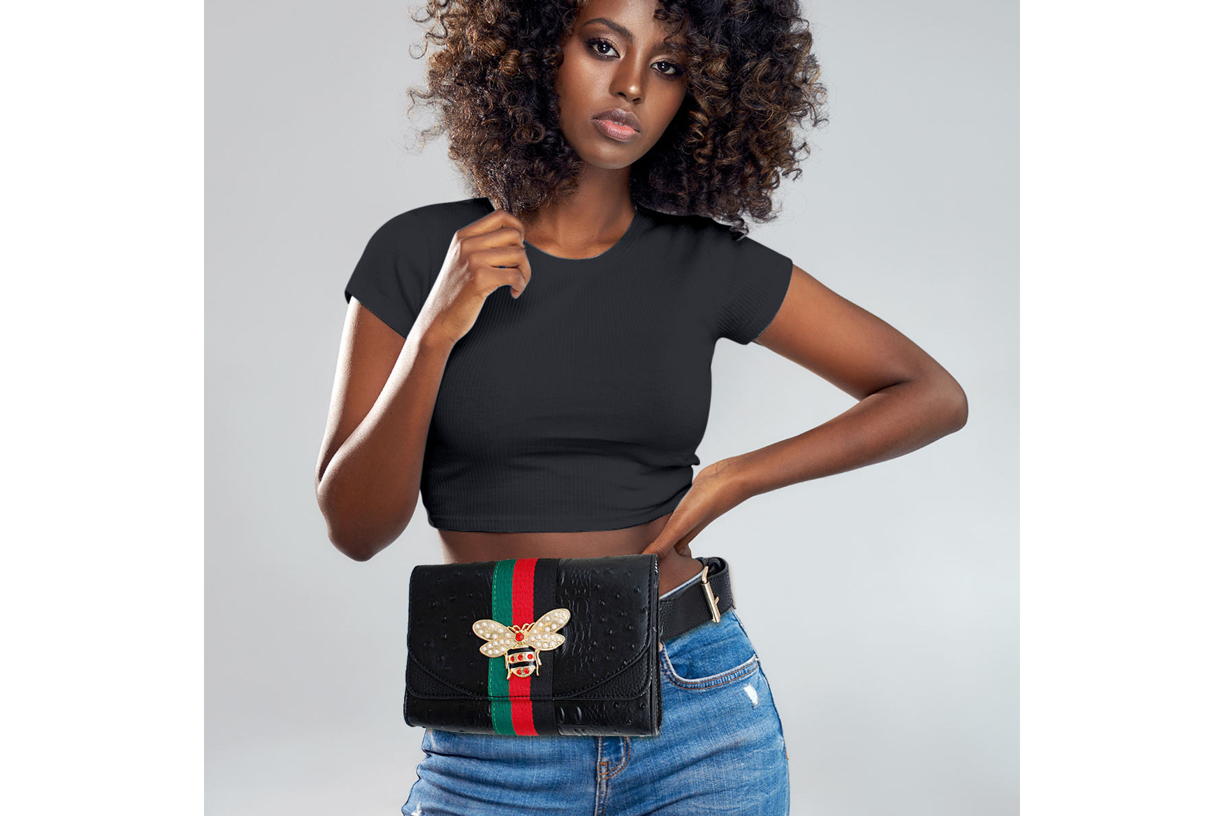 Stripe Black Ostrich Belt Bag