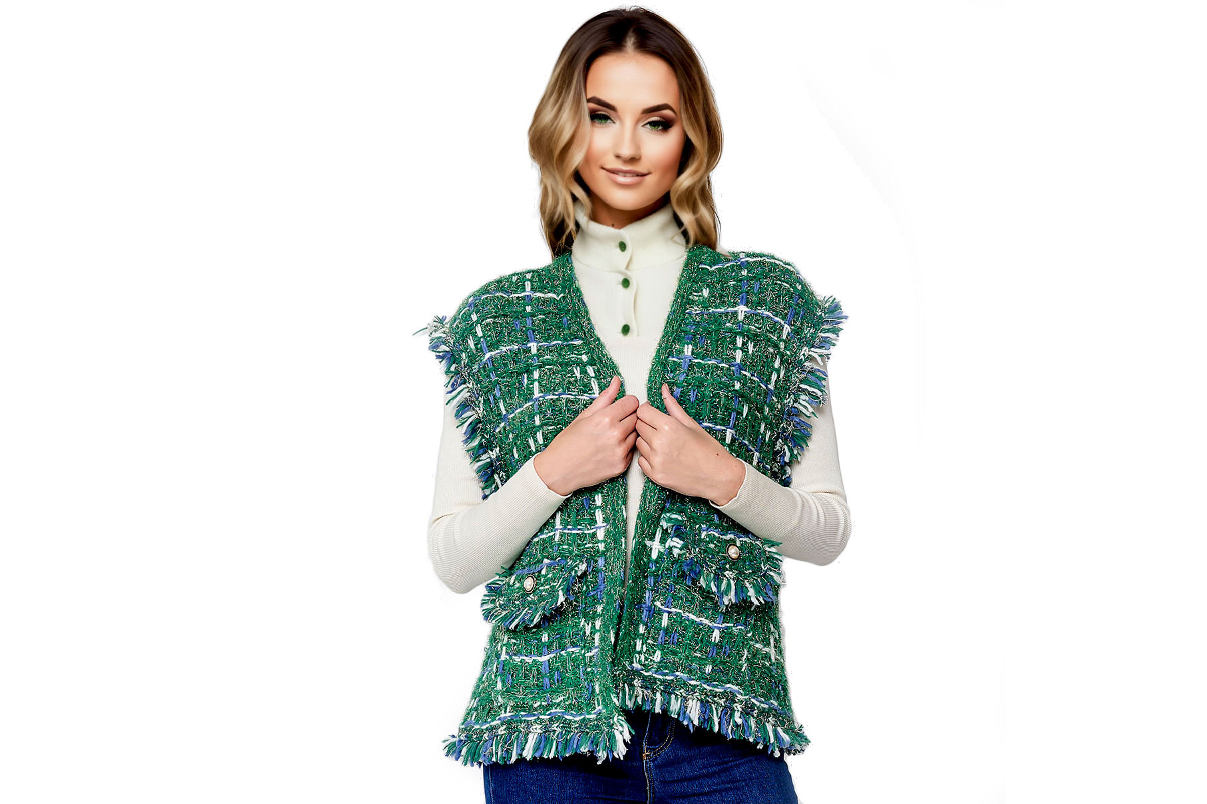Silver Threaded Luxe High Quality Tweed Green Vest