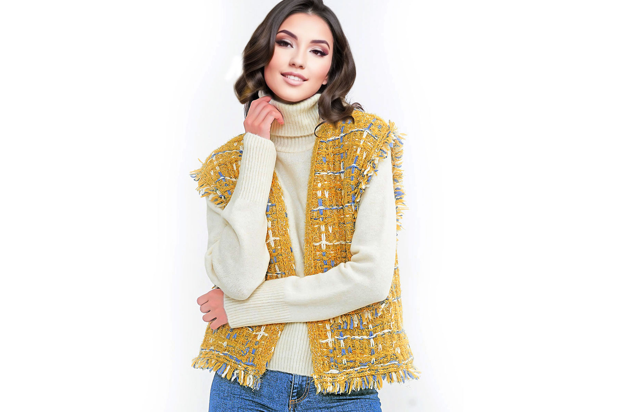 Gold Threaded Plaid Tweed Mustard Vest for Women