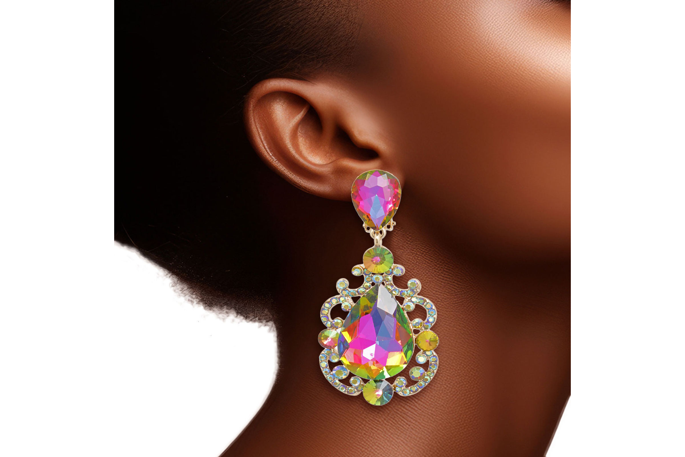 Wholesale Clip On Pink Green Medium Crystal Earrings Women