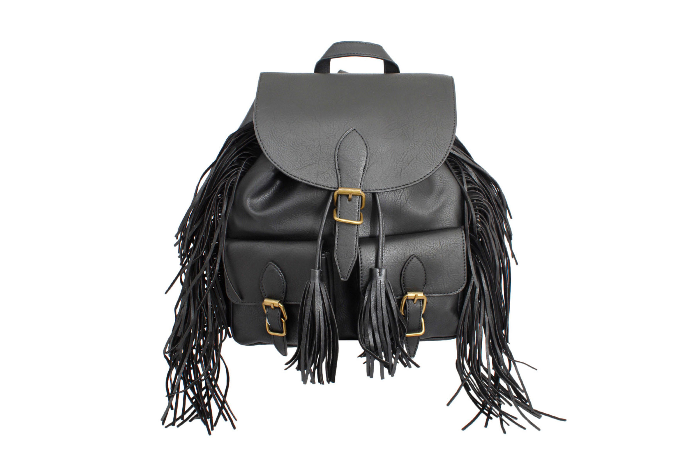 Black leather sales fringe backpack