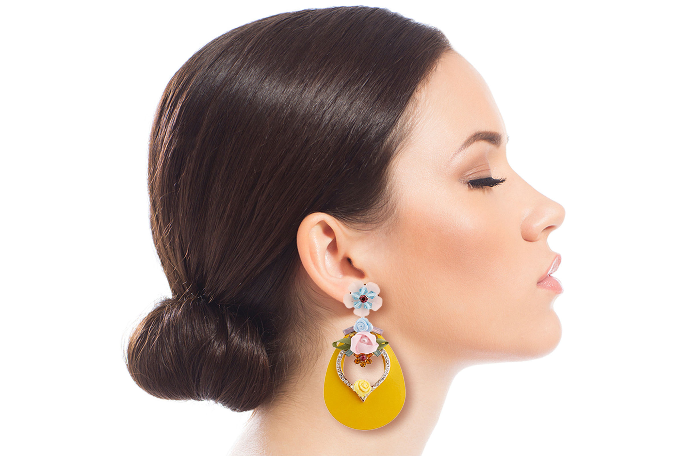 Yellow Teardrop Earrings with Rhinestone and Flower Detail Order