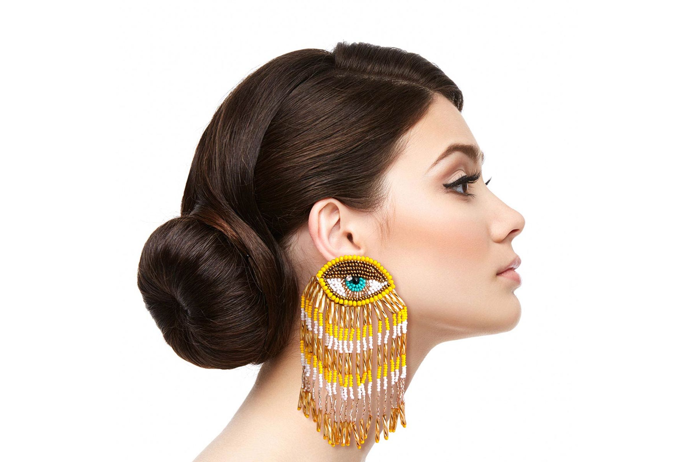 Yellow and Gold Bead Eye Fringe Earrings Order Wholesale