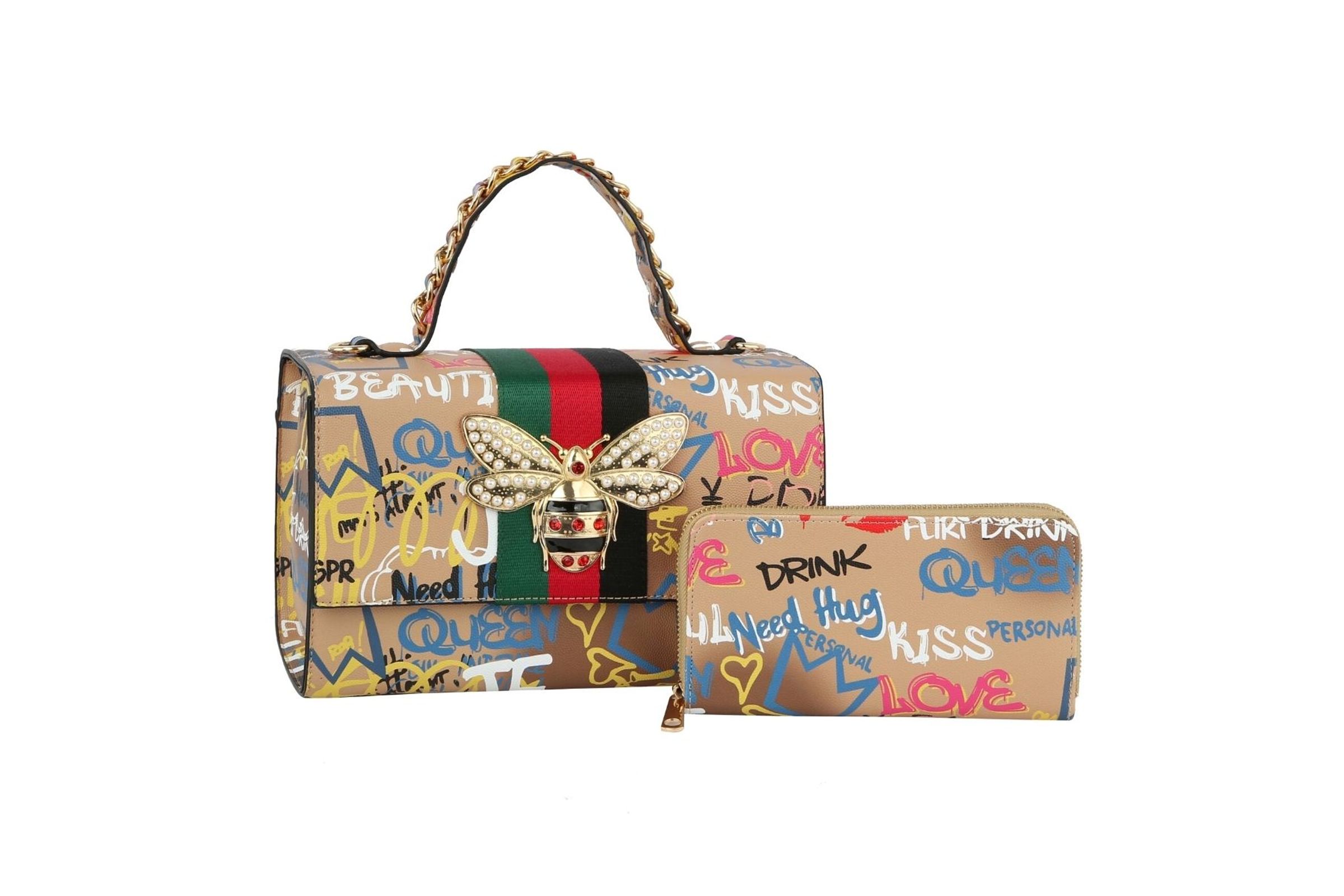 Designer Gold Graffiti Satchel Bag Set