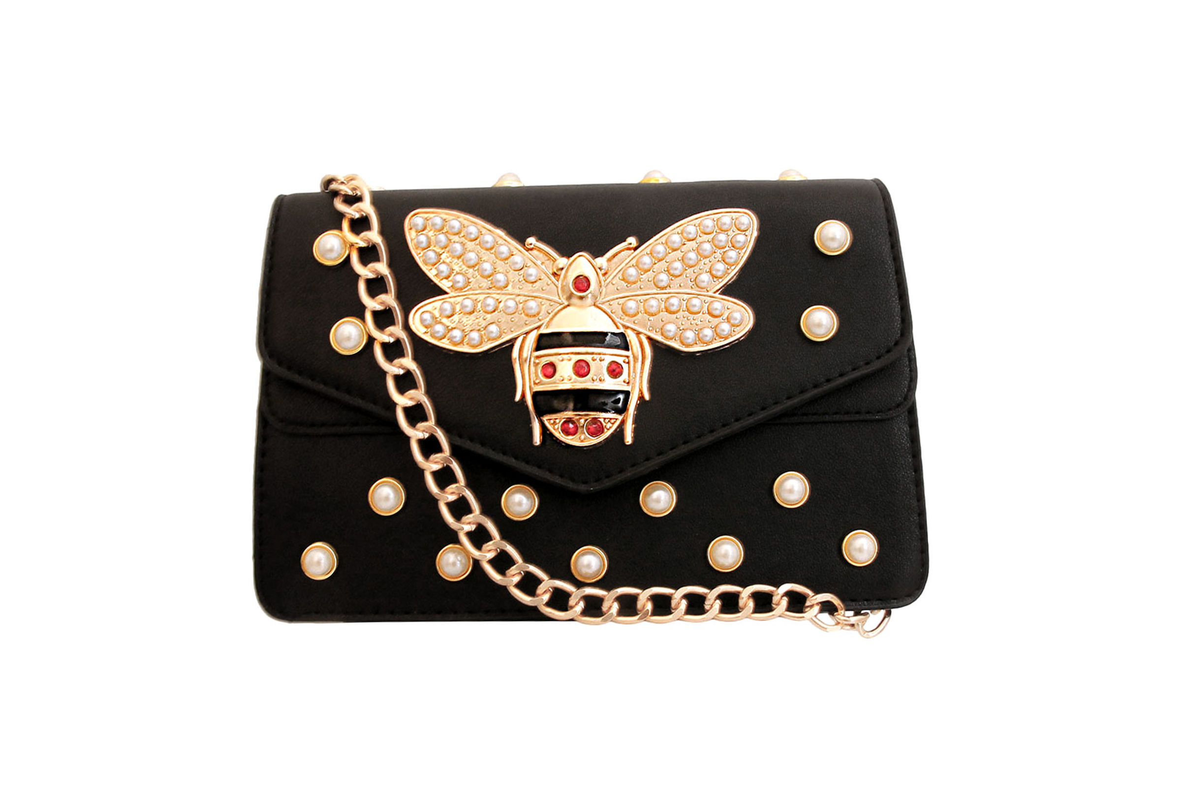 Black Designer Pearl Bee Flap Shoulder Bag
