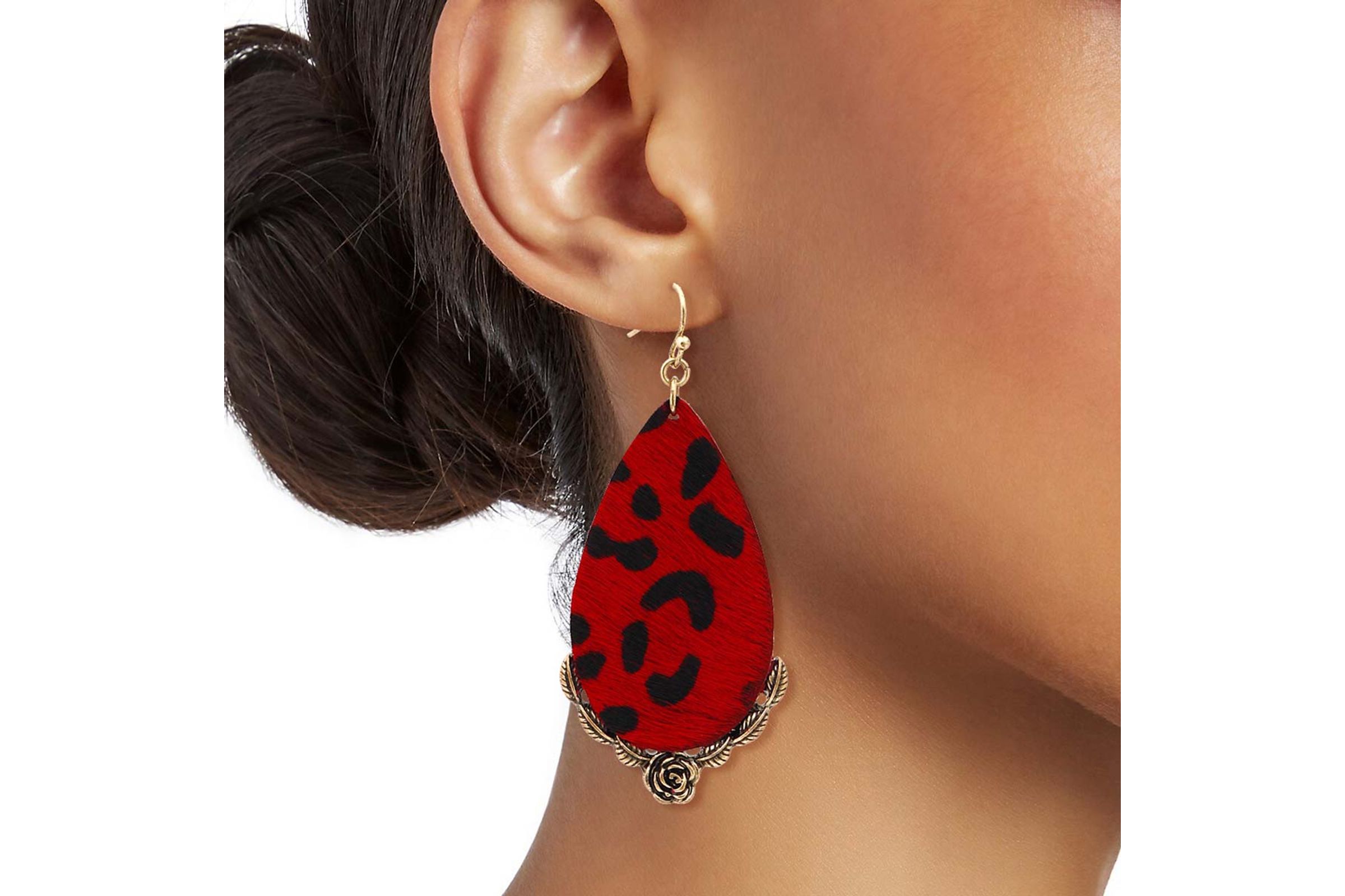 Red Leather Animal Print Teardrop Earrings Order Wholesale