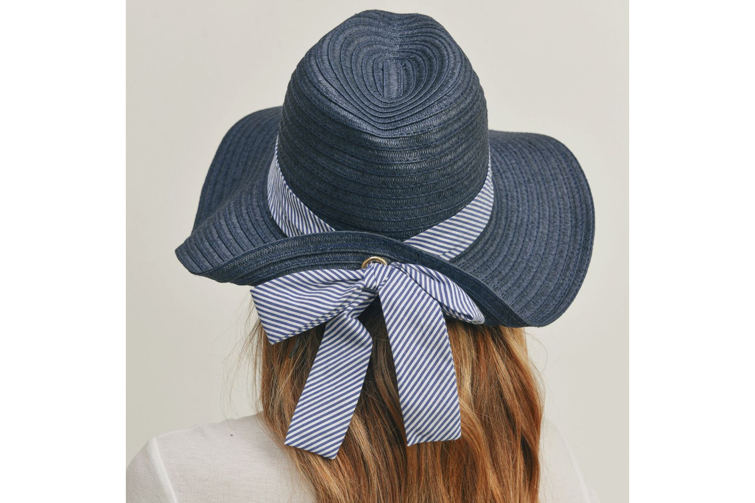 Navy Striped Bow Fedora Hat