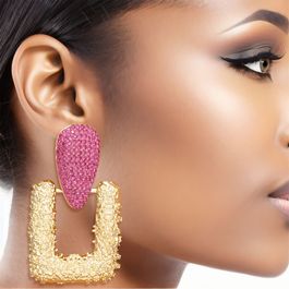Wholesale Drop Edgy Fuchsia Stone Hinge Gold Square Earrings
