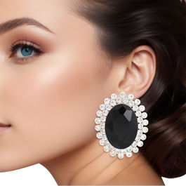 Clip On Medium Black Oval Halo Earrings for Women