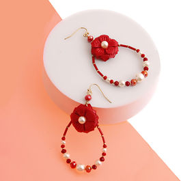 Red Flower Teardrop Earrings with Pearl and Bead Detail
