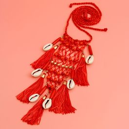Red Braided String and Cowrie Shell Long Tassel Necklace