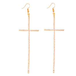 Pave Rhinestone Gold Cross Drop Earrings