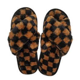 Medium Brown Checkered Fur Slippers
