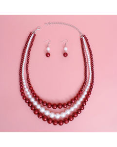 DST Pearl Necklace Red White 3 Strand Set
