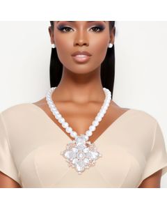 Pearl Necklace White Crystal Pendant Set for Women