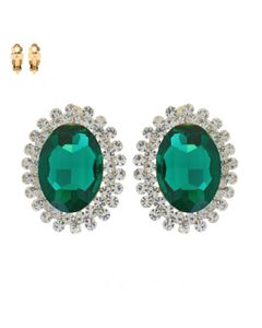 Clip On Medium Green Oval Halo Earrings for Women