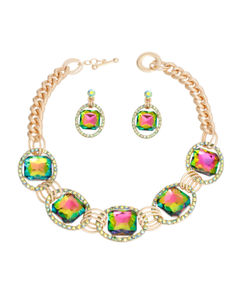 Crystal Necklace Pink Green Linked Set for Women